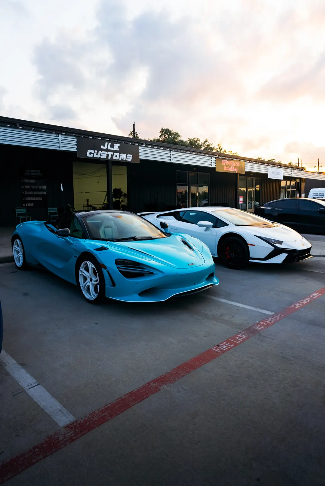 McLarens parked outside JLE Customs in Houston, Texas